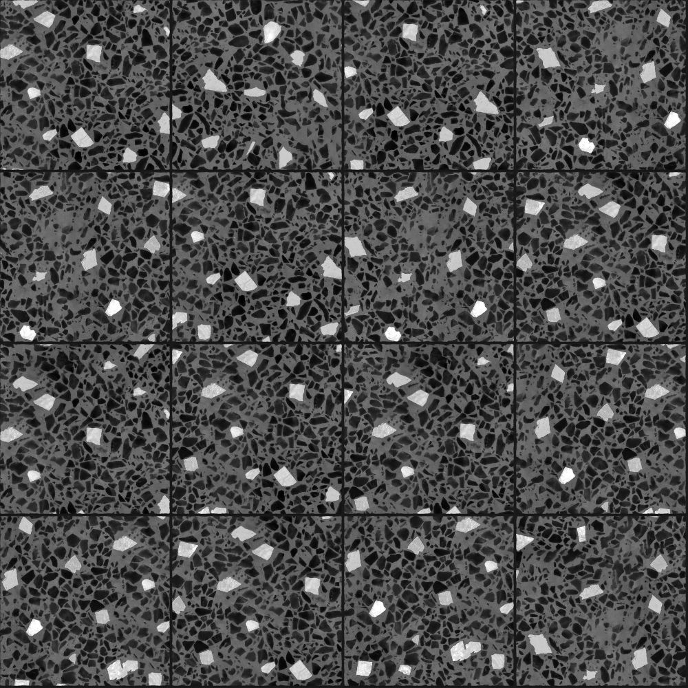 black terrazzo stone tiles with white and dark chips in a polished tile pattern for flooring