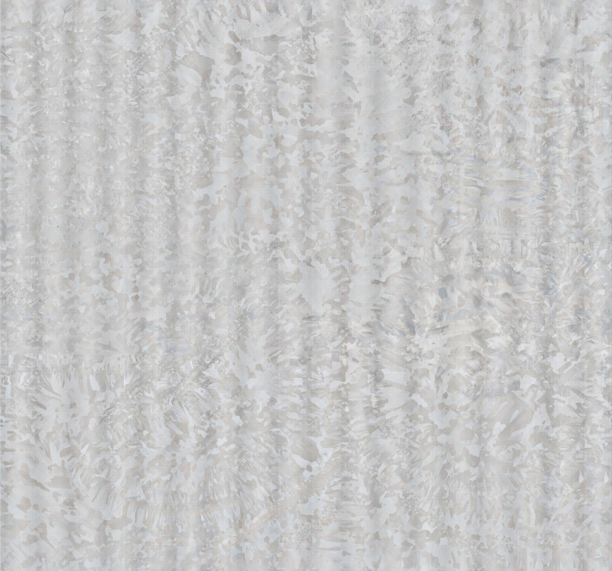 Light grey galvanized steel sheet with mottled spangled pattern and subtle vertical ridges
