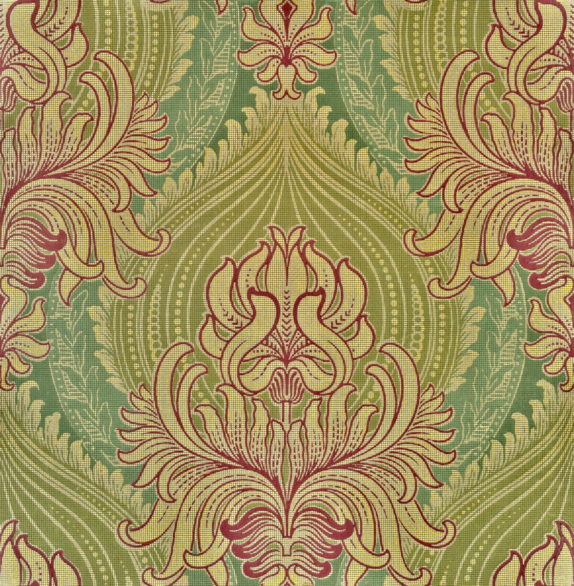 green and yellow damask floral patterned upholstery fabric with red outlines