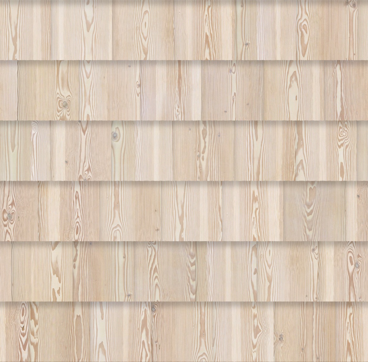 staggered light beige larch wood shingles with natural grain and knots for wall cladding