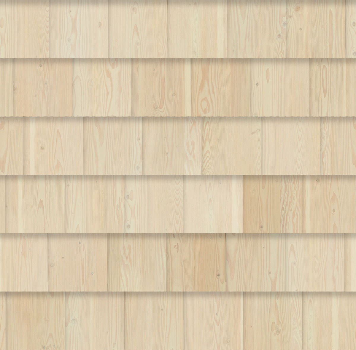 Light beige Douglas fir wood shingles arranged in staggered horizontal rows with visible wood grain and knots for exterior wa