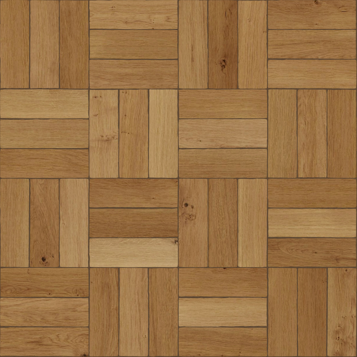 oak wood planks arranged in a basketweave pattern with natural brown tones and visible wood grain and knots for flooring