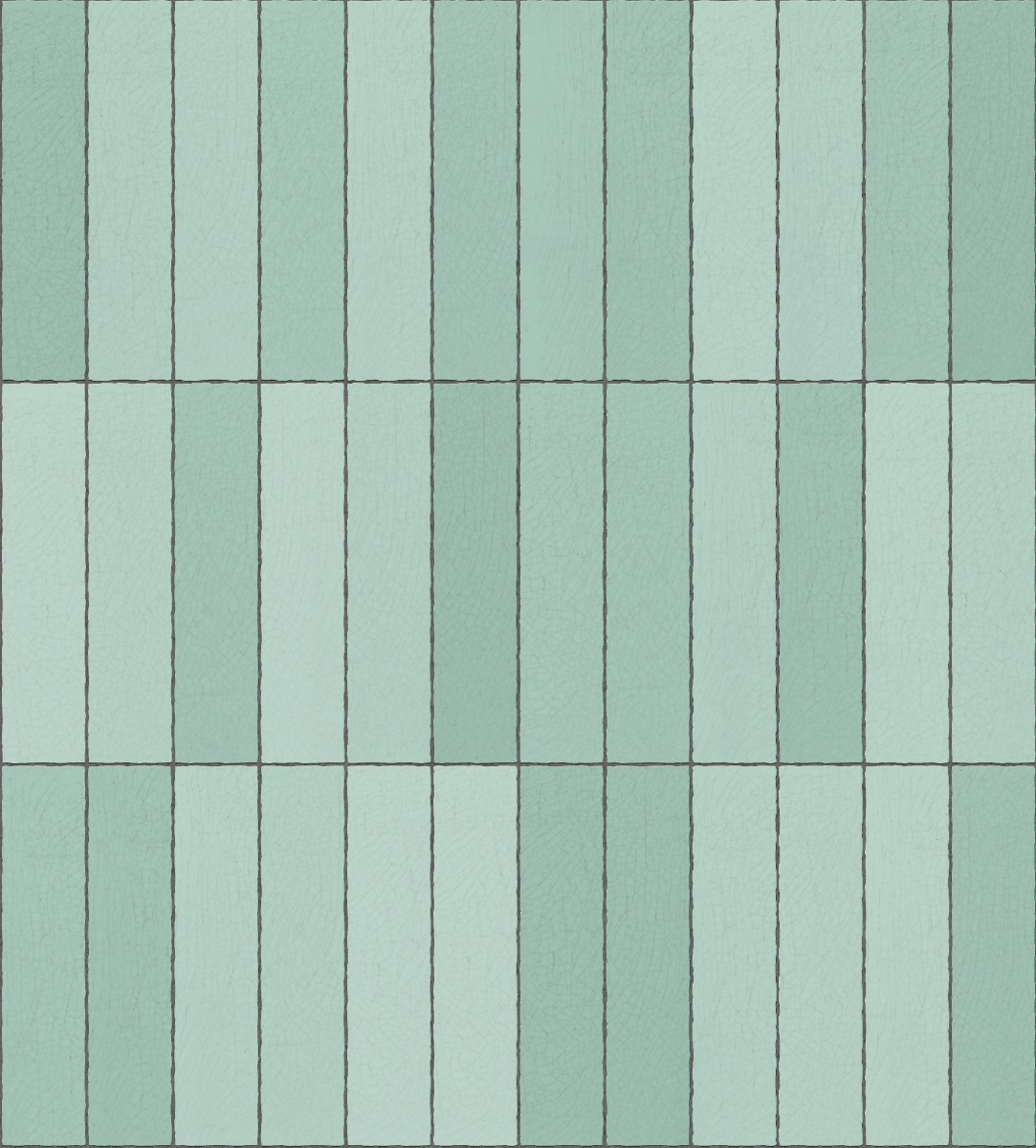 Light blue glazed ceramic tiles with crazing crackle pattern arranged in vertical stack with grout lines