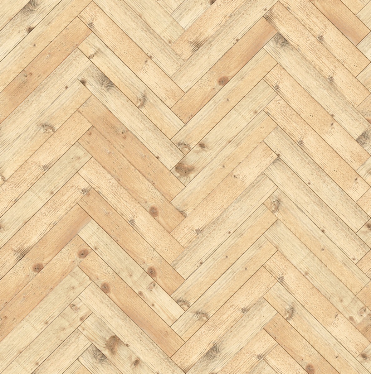 Reclaimed scaffold boards arranged in a herringbone pattern, natural wood colour with knots and grain visible, suitable for f