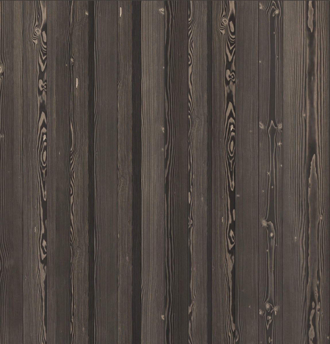 Dark charred wood plank panels with visible grain and knots in a vertical arrangement, showing Yakisugi burnt finish