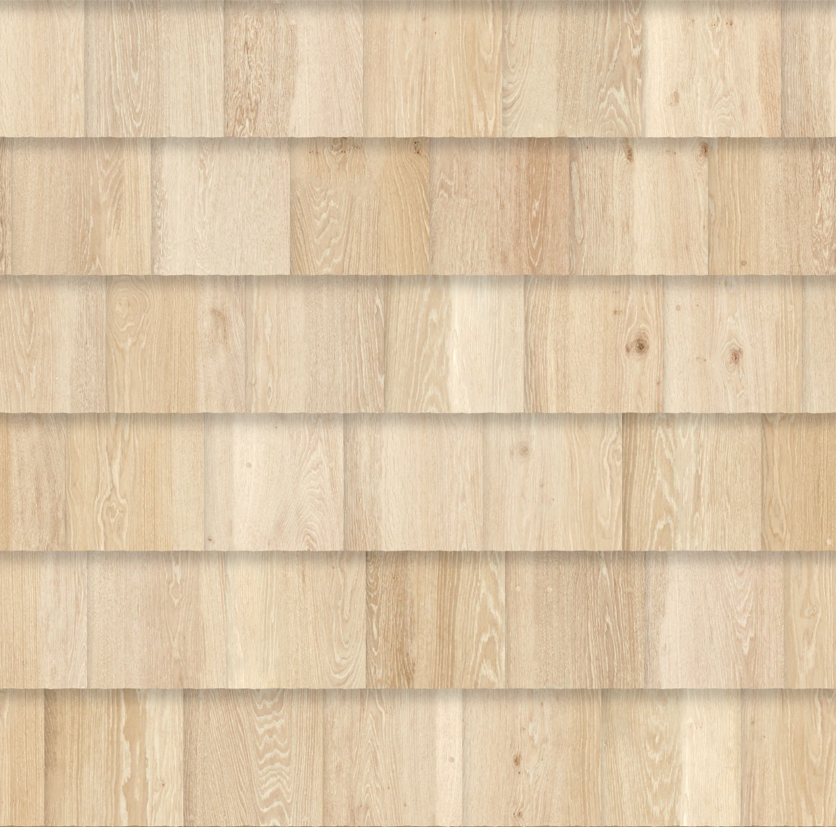staggered horizontal rows of light ash wood shingles with natural grain and knots for wall cladding