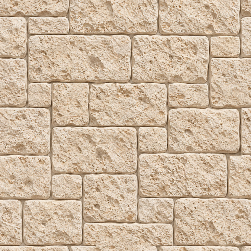 beige natural stone blocks with rough pitted texture arranged in irregular rectangular pattern for walls