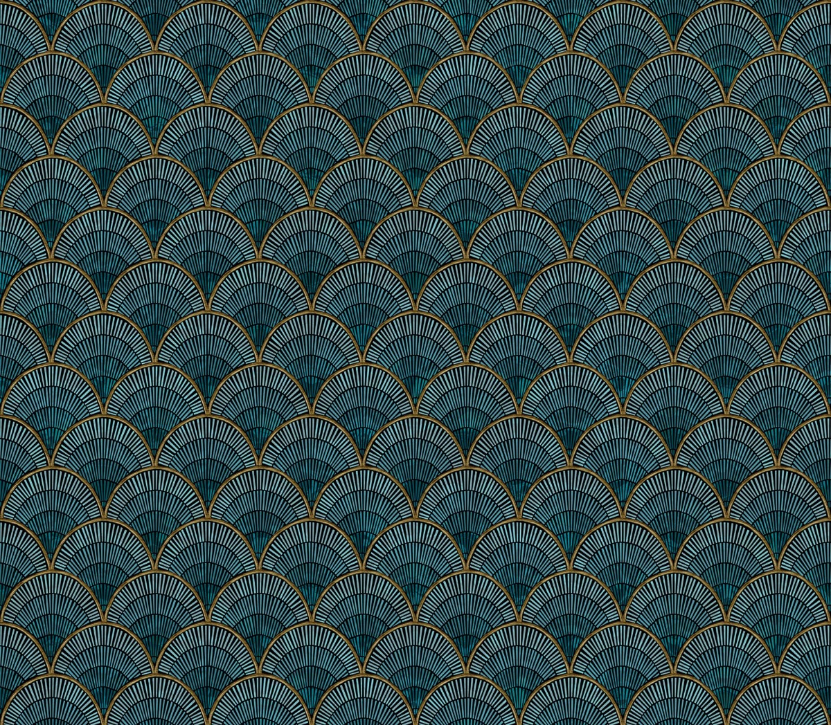 blue and gold Art Deco style fan pattern wallpaper with geometric repeating design