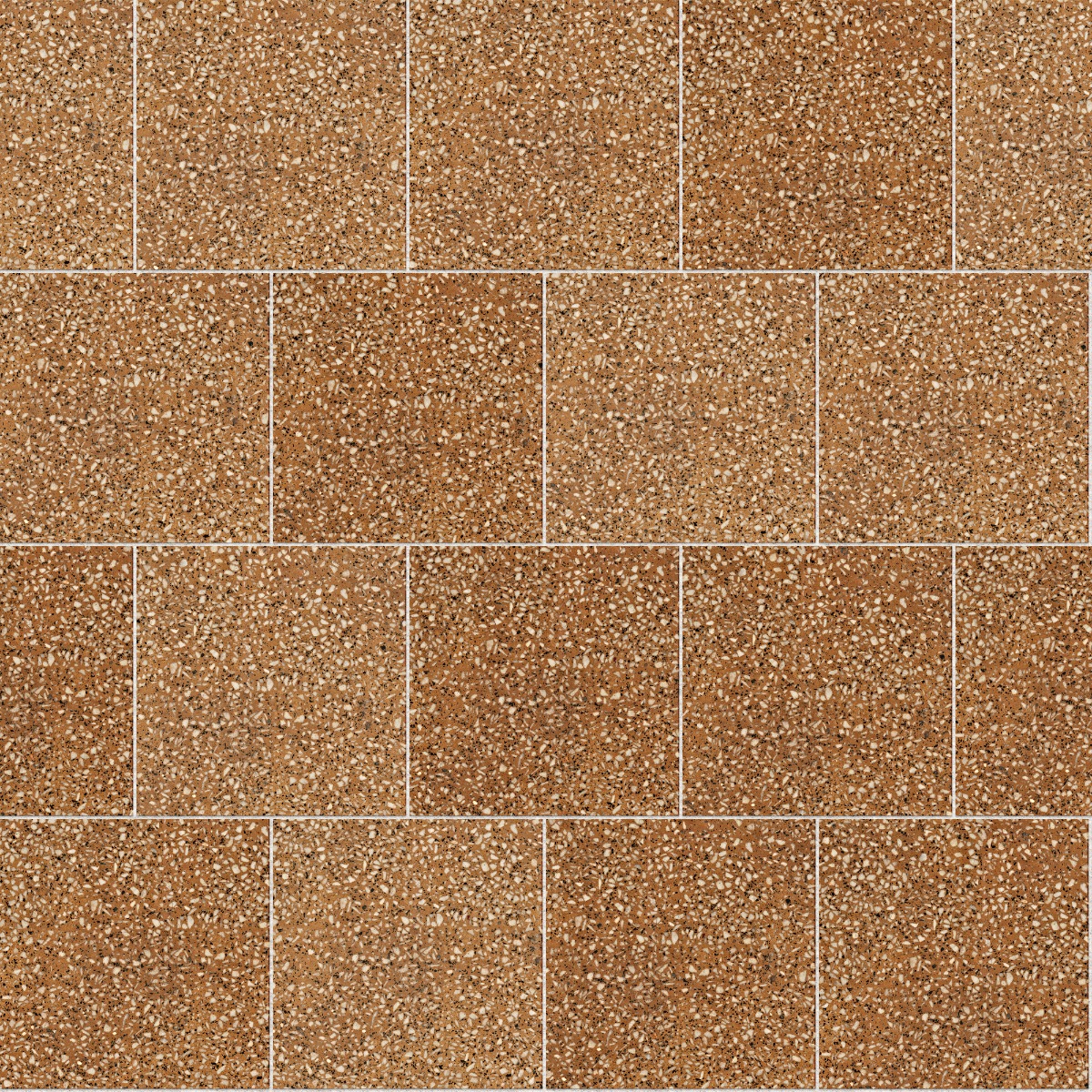 brown terrazzo tiles with white and beige chips arranged in stretcher bond pattern for flooring
