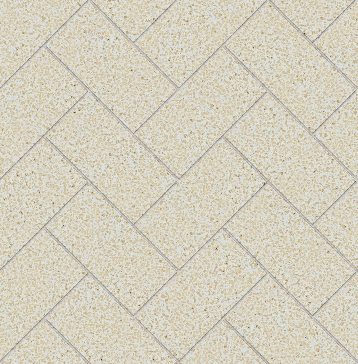 beige concrete rectangular tiles with speckled aggregate arranged in a herringbone floor pattern