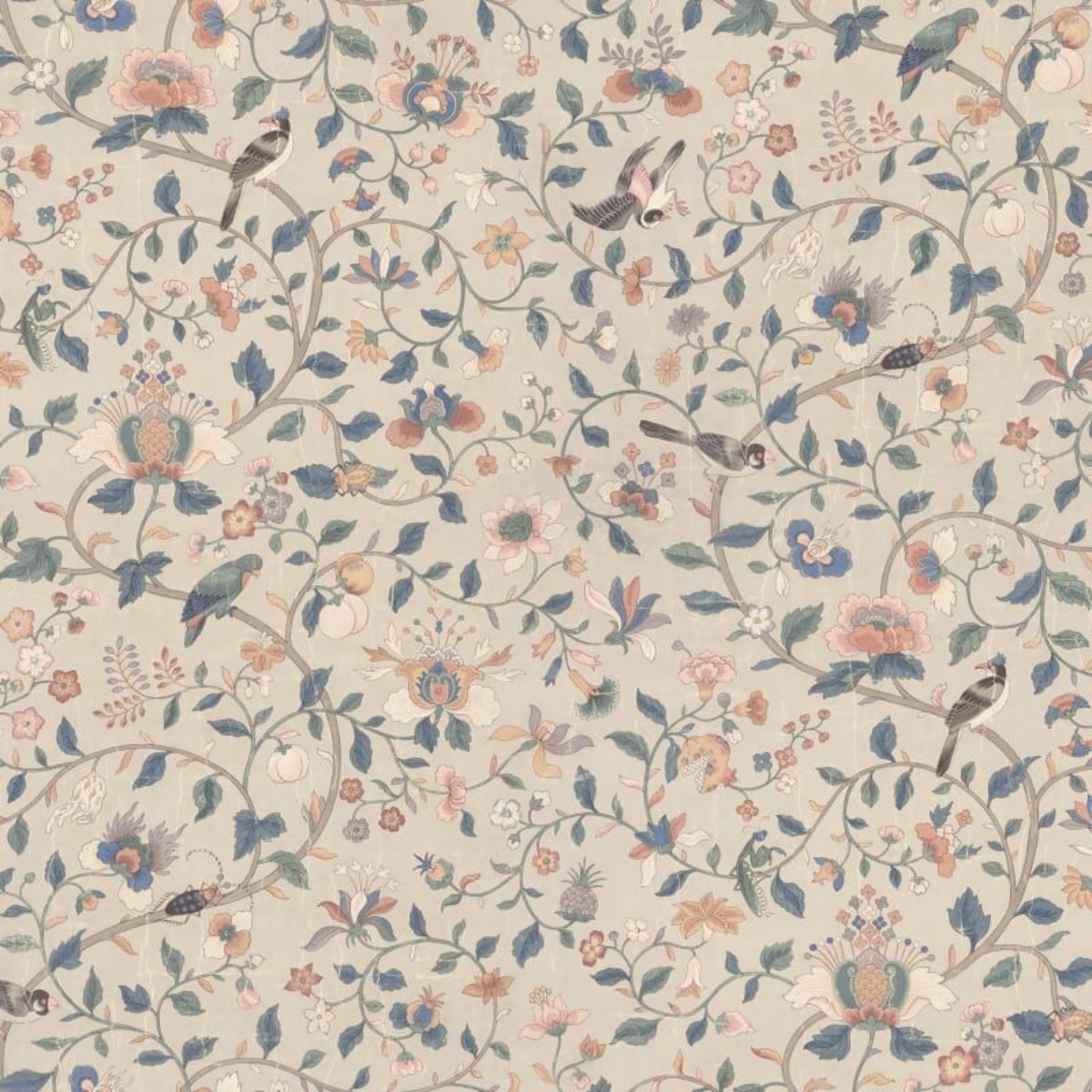 Decorative wallpaper with floral and bird pattern in pastel colors, suitable for interior walls.