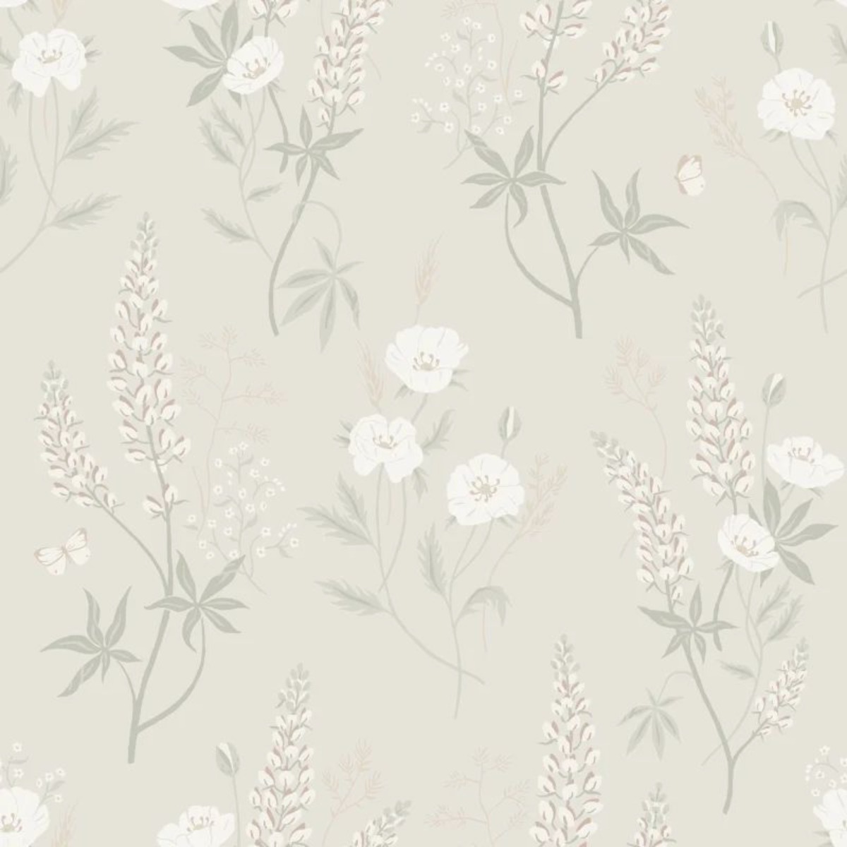 matte floral wallpaper with soft beige background and delicate muted green and white flower patterns