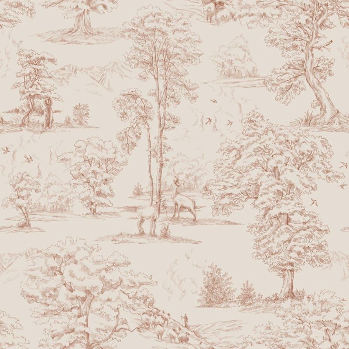Beige wallpaper with terracotta scenic toile pattern featuring trees, animals, and pastoral scenes