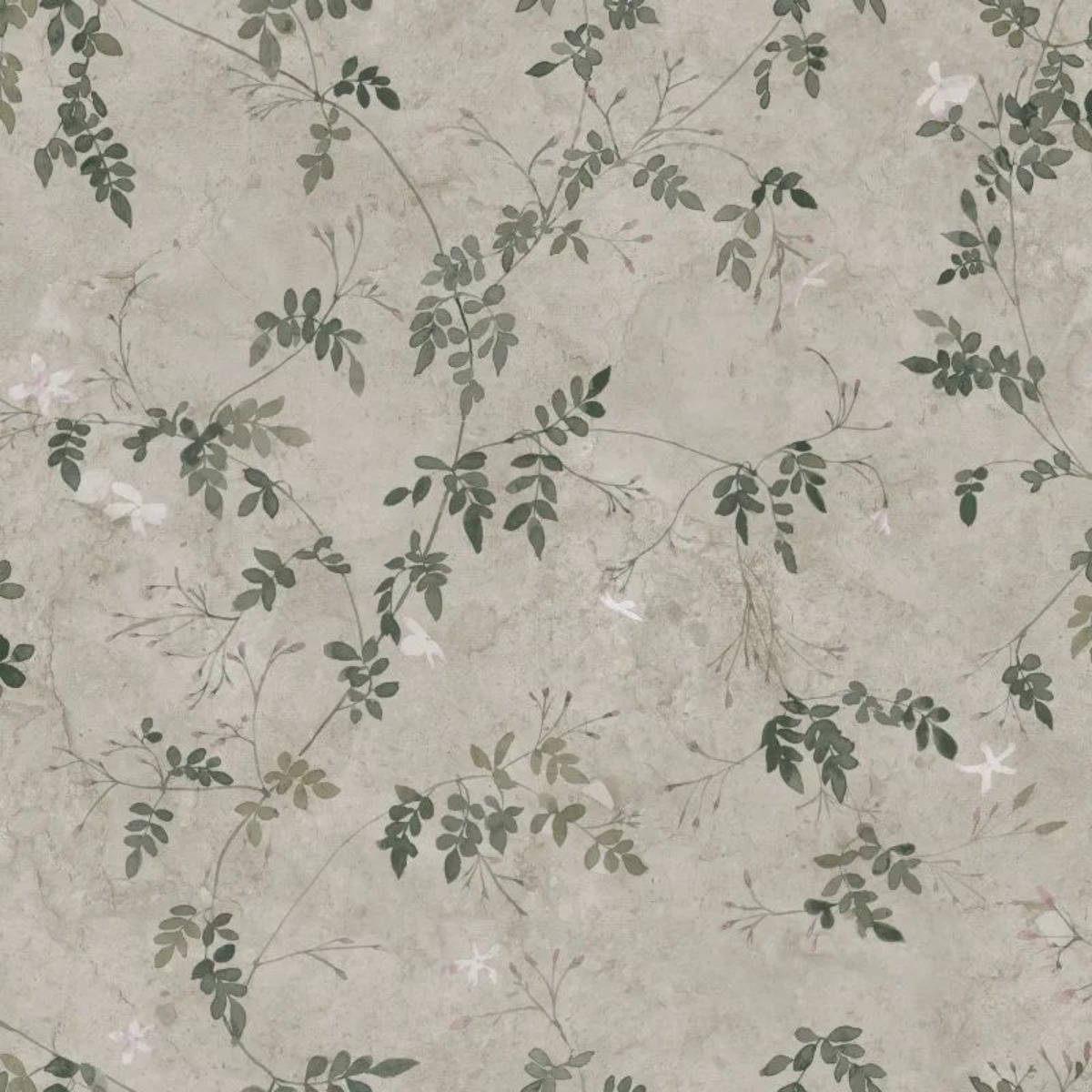 wallpaper with olive green leafy floral pattern on textured beige background for interior walls
