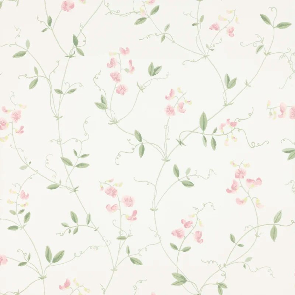 Light pink floral wallpaper with green leaves on a white background, suitable for interior wall decoration.