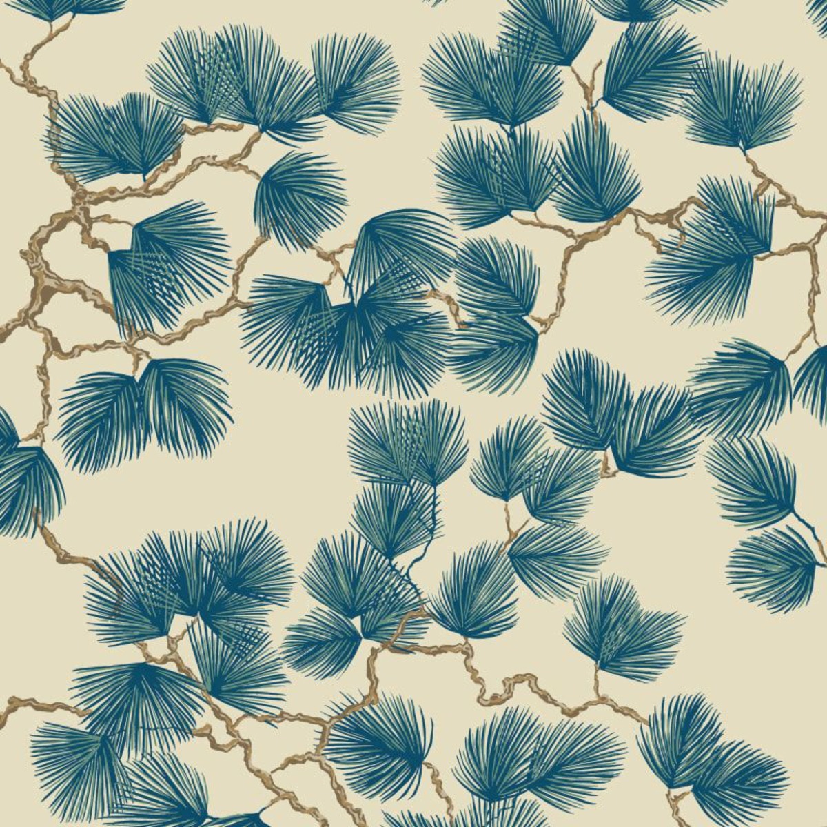 Decorative wallpaper with blue sandberg leaf pattern on beige background, suitable for interior walls.