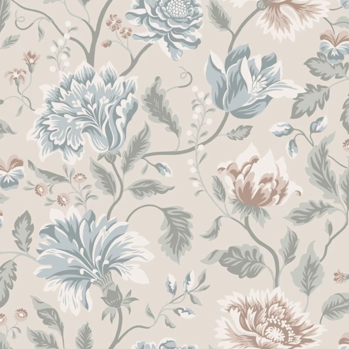 Seamless floral wallpaper with large pastel flowers and leaves on a light background, ideal for interior wall decoration.