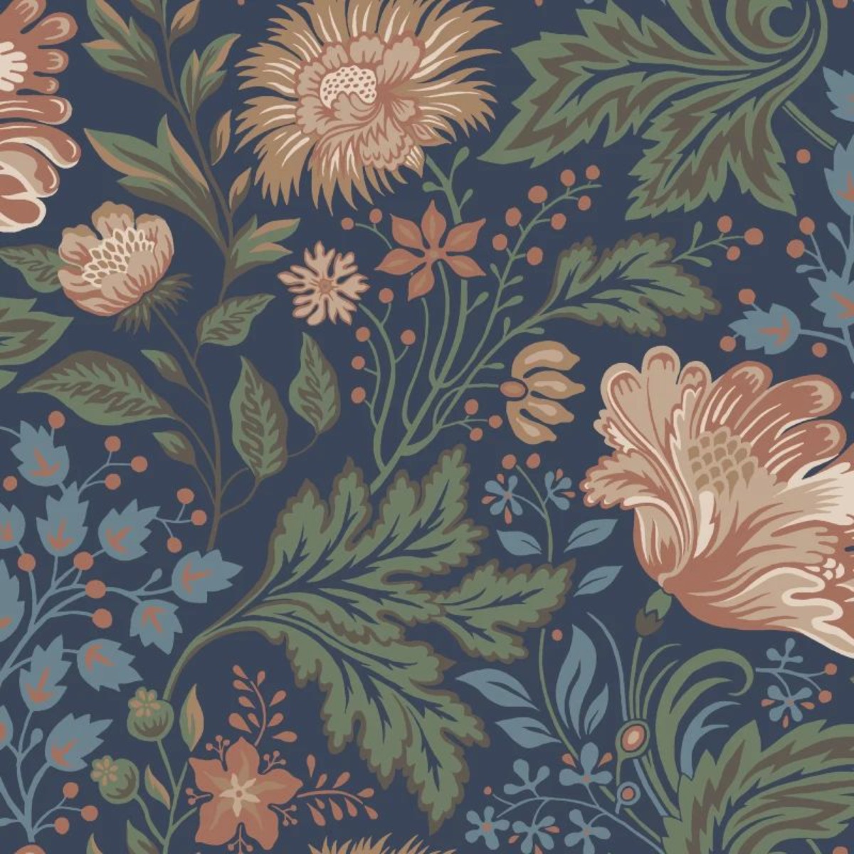 classic floral wallpaper with peach flowers and green leaves on a deep blue background