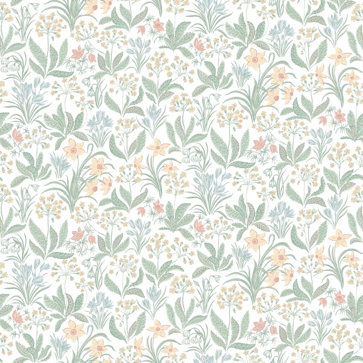 Seamless wallpaper with a floral pattern in pastel green, pink, and blue, suitable for interior walls with a vintage botanica