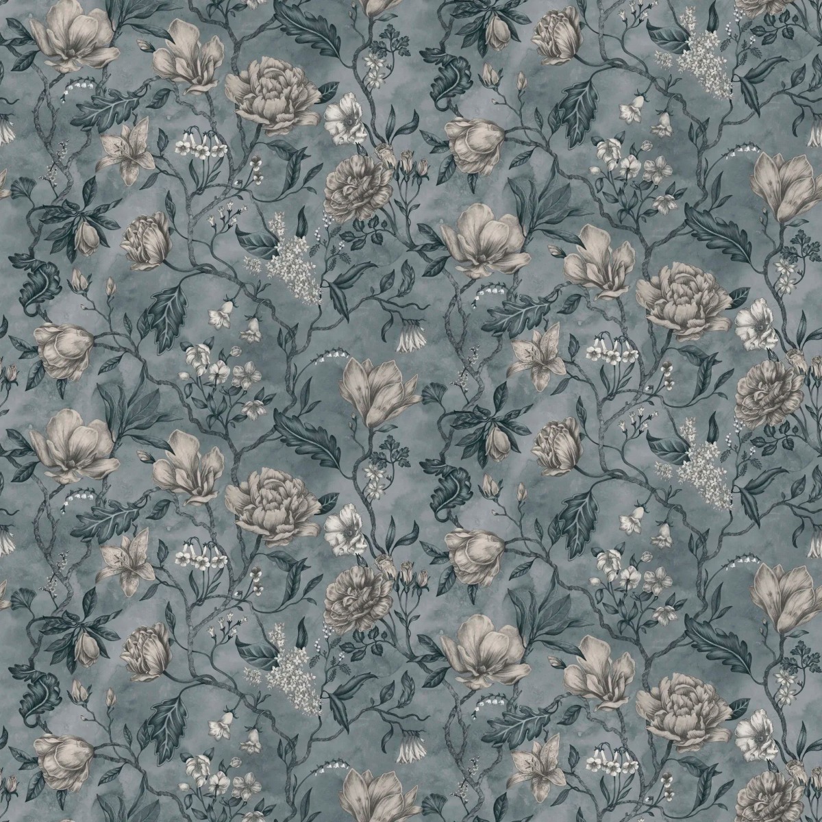 matte wallpaper with misty blue background and beige-grey floral pattern for wall decoration