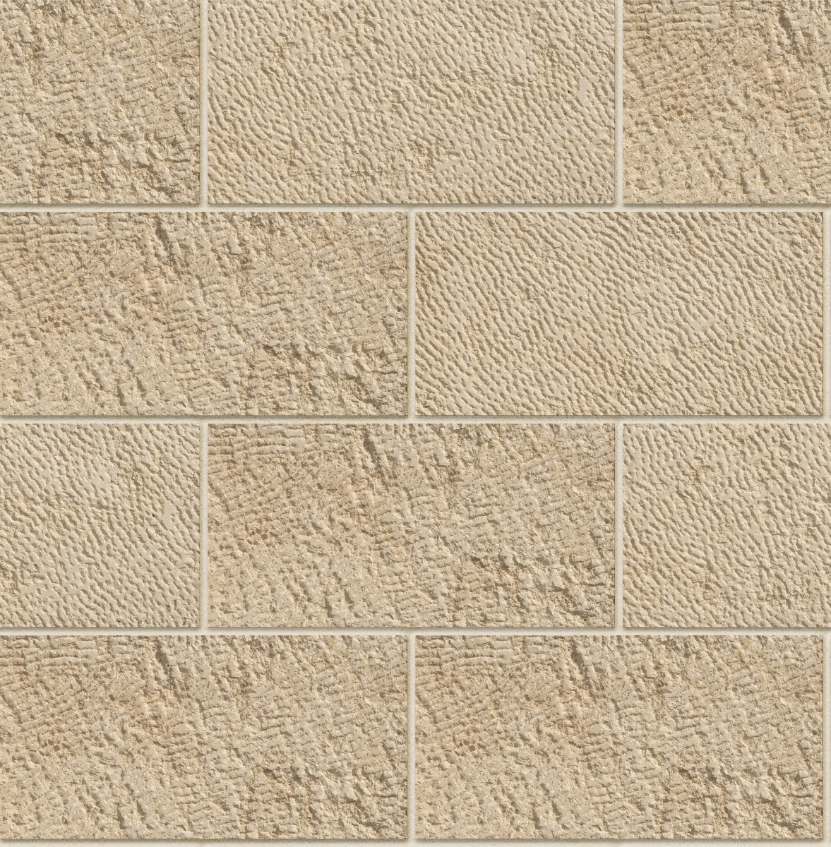 Beige rectangular sandstone tiles with chiseled rough texture arranged in staggered brick pattern for wall use