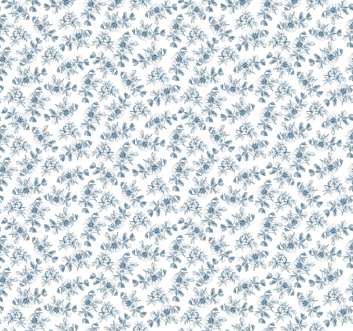 Seamless floral wallpaper with blue peonies and leaves on a white background, ideal for vintage interior decor.