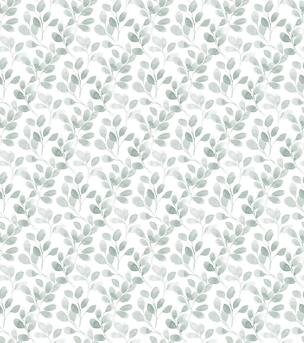 White wallpaper with a soft green eucalyptus leaf pattern, designed for wall decoration in living spaces.