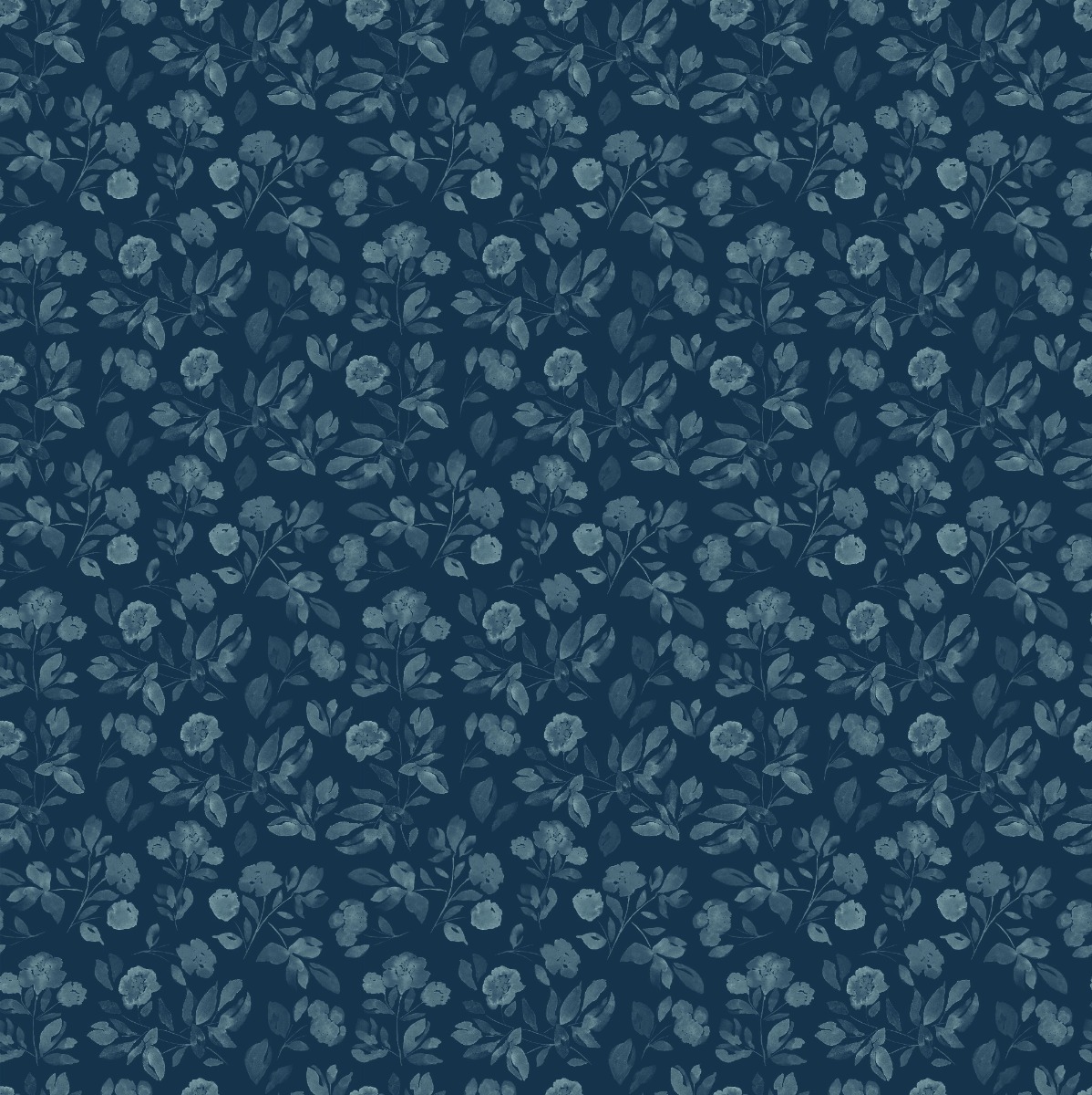 Seamless dark blue wallpaper with a floral Kerria pattern of flowers and leaves, ideal for decorative walls.
