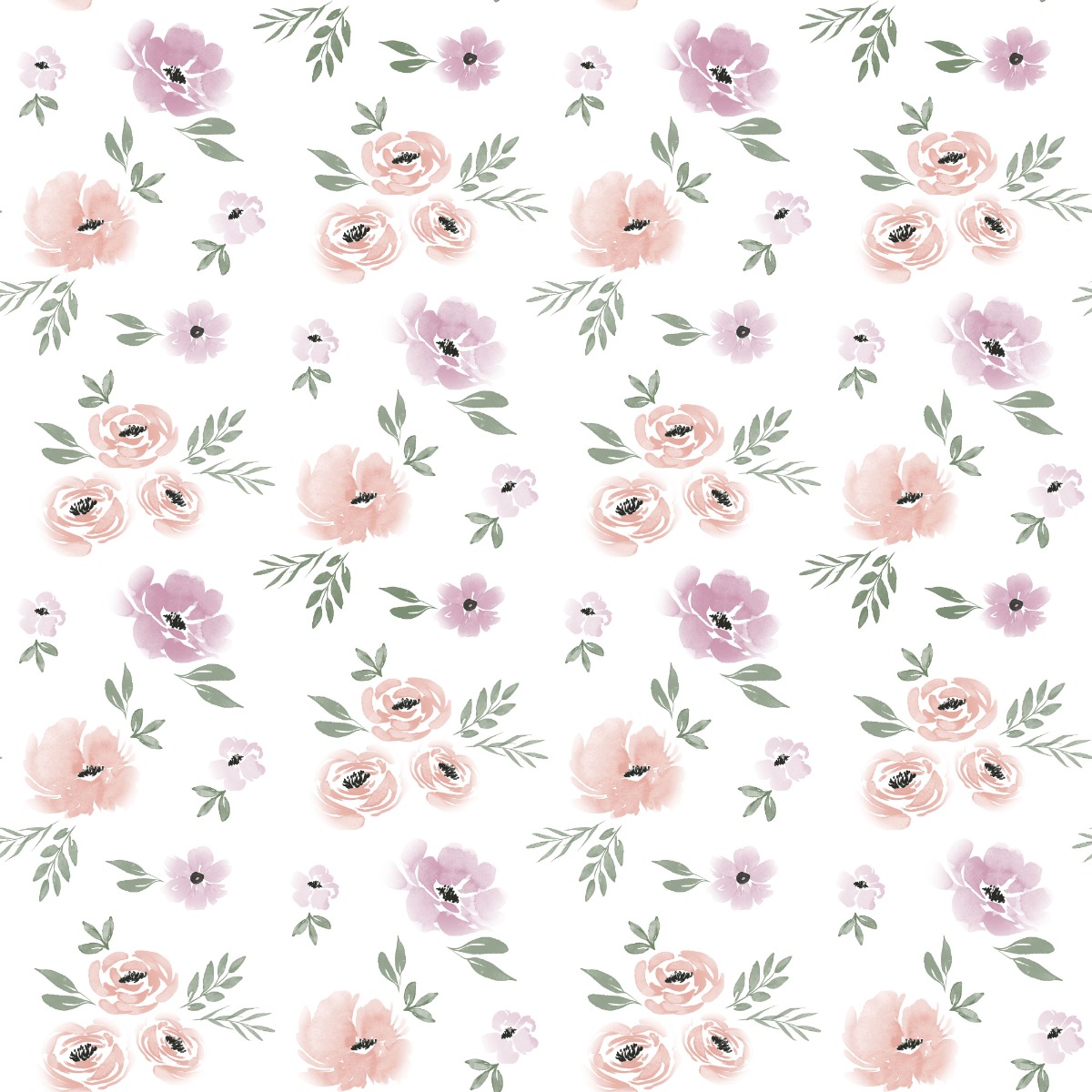 Watercolor floral wallpaper with pink and purple roses and green leaves on a white background, ideal for interior wall decora