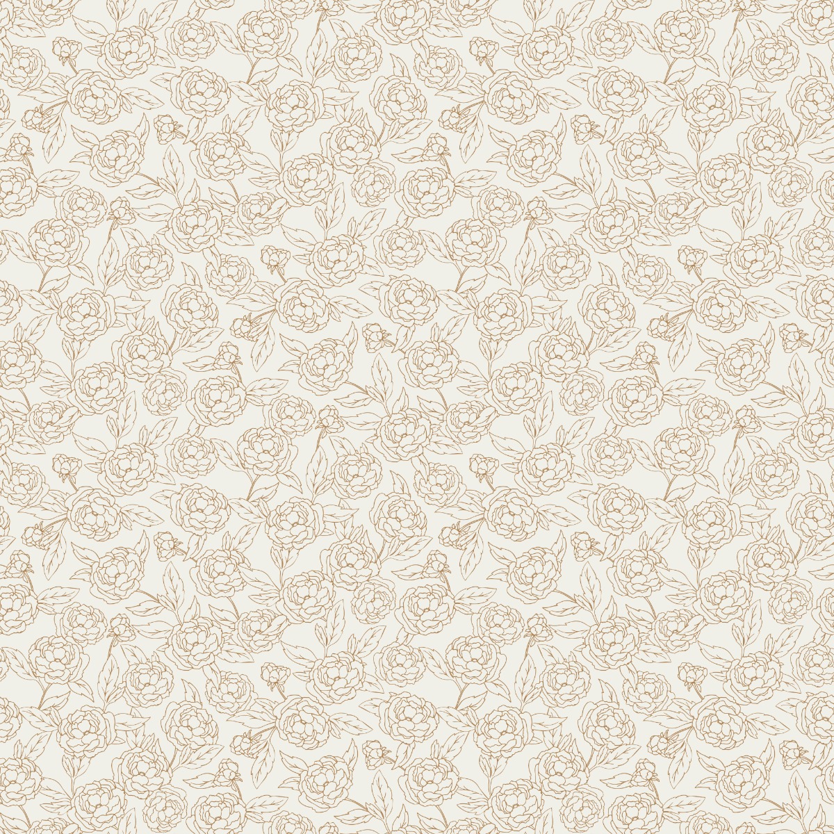 Wallpaper with beige outlined peony flowers and leaves, floral pattern, suitable for interior walls.