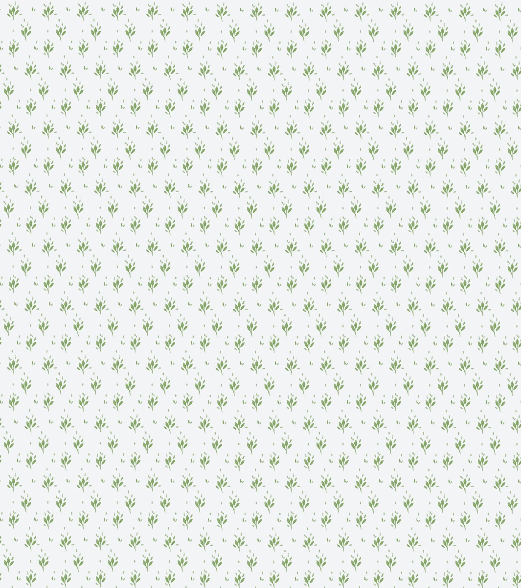 white wallpaper with a seamless pattern of small green leaves arranged evenly
