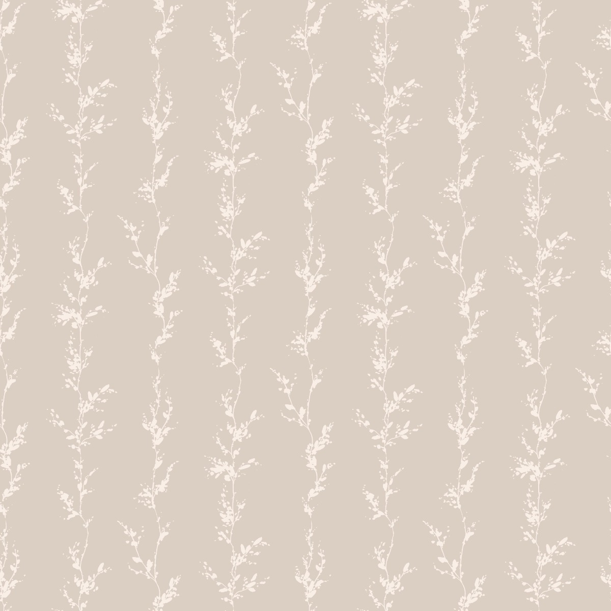 beige wallpaper with vertical repeating pattern of delicate flowering vines in cream