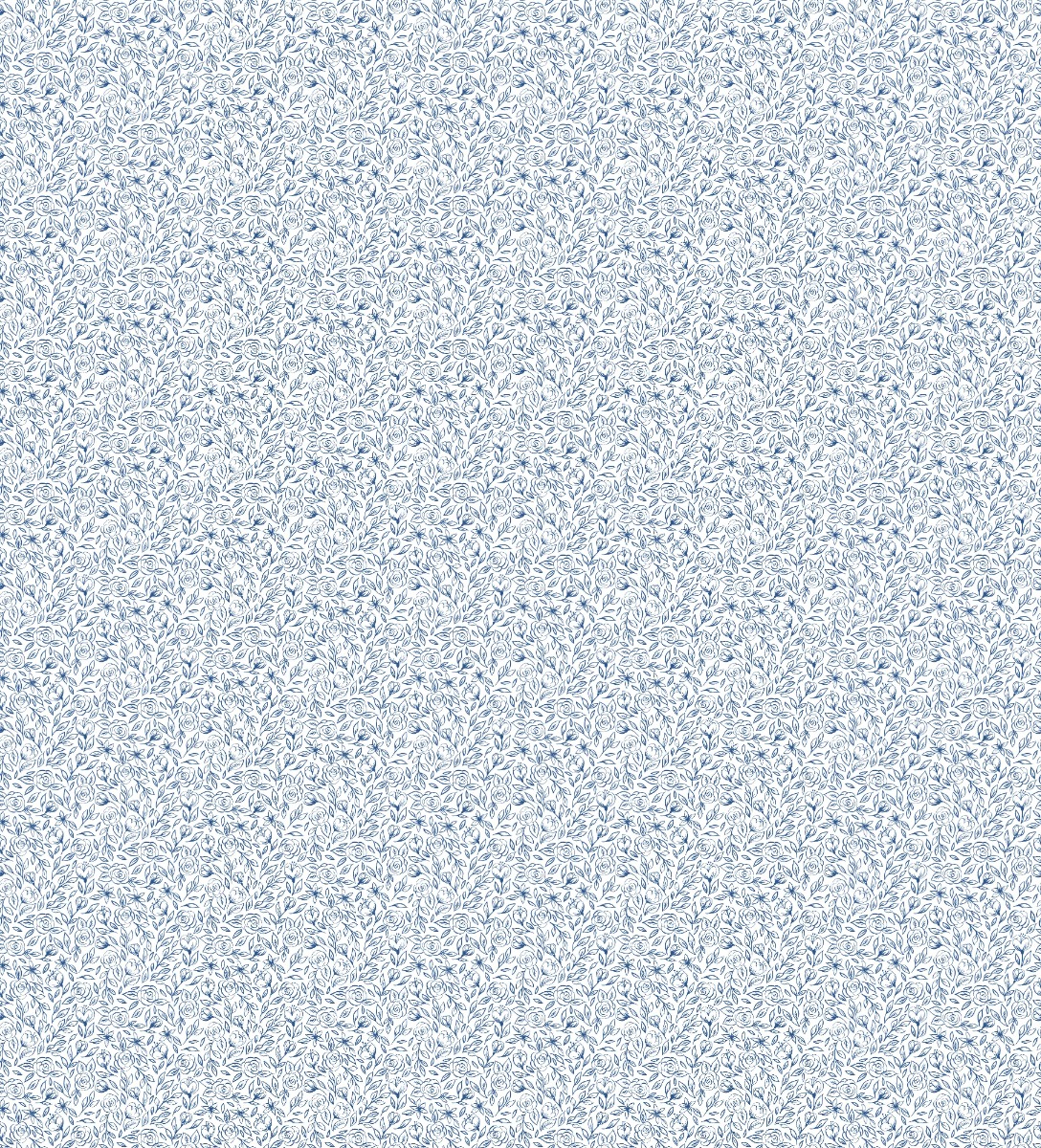 White wallpaper with blue floral and rose pattern, decorative design for interior walls, seamless repeating pattern.