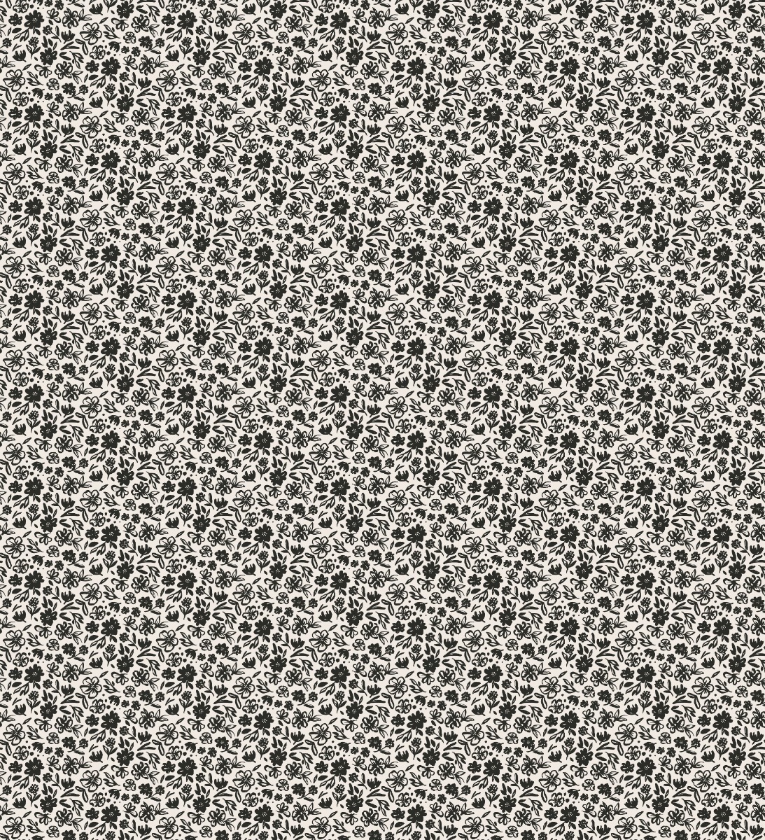 Black and white floral wallpaper with a dense, intricate pattern, designed for decorative wall use.