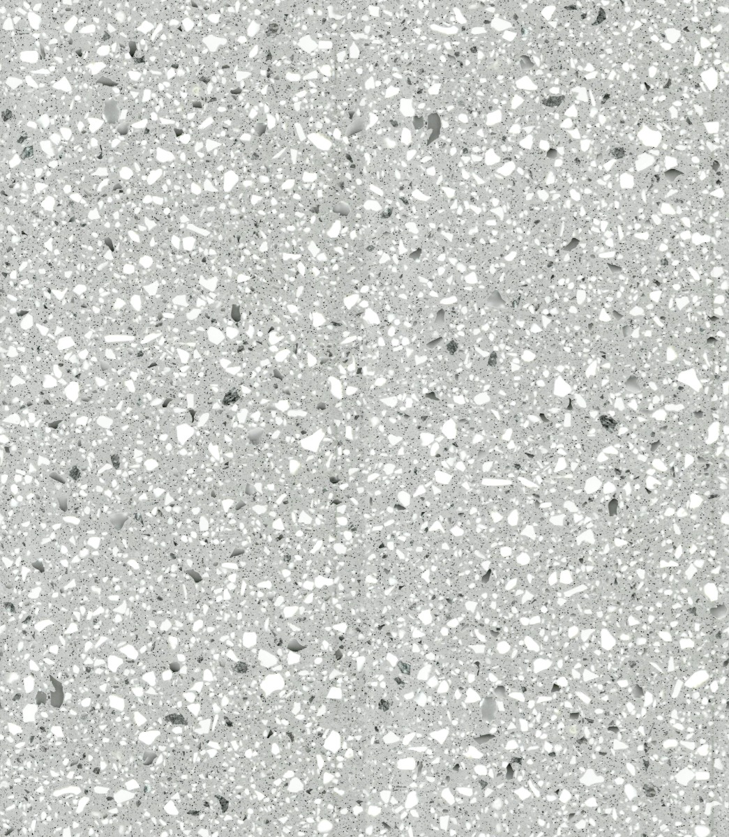 Light gray terrazzo flooring with white and dark gray chips, seamless pattern, suitable for modern interior floors.