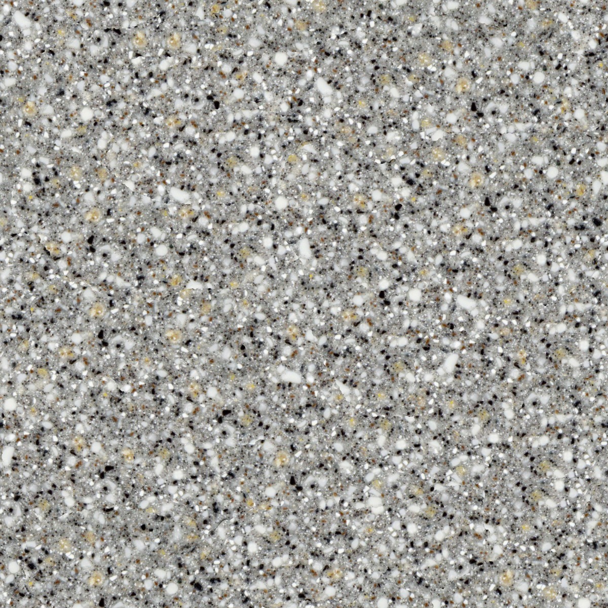 grey terrazzo surface with white, black, and beige speckled stone chips in a smooth polished finish