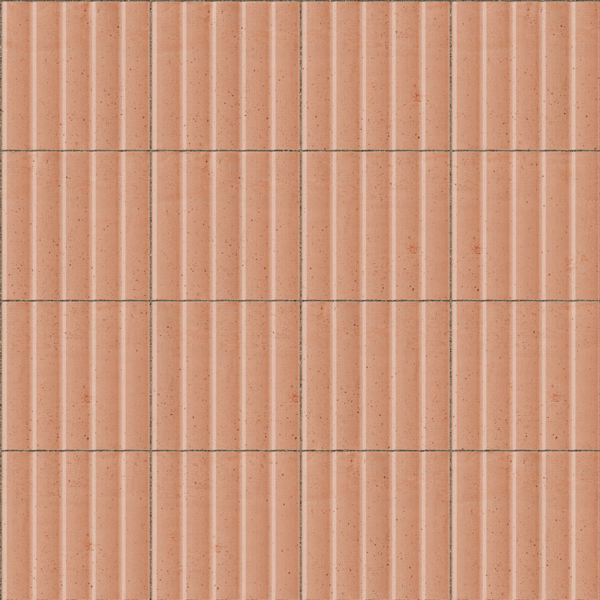 terracotta ribbed ceramic tiles with vertical grooves and grout lines in warm reddish brown