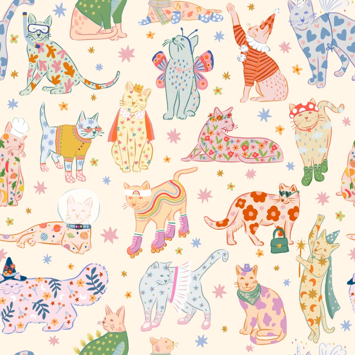 Colorful fabric with playful cats and floral patterns on a light background, ideal for children's wallpaper or fabric design.