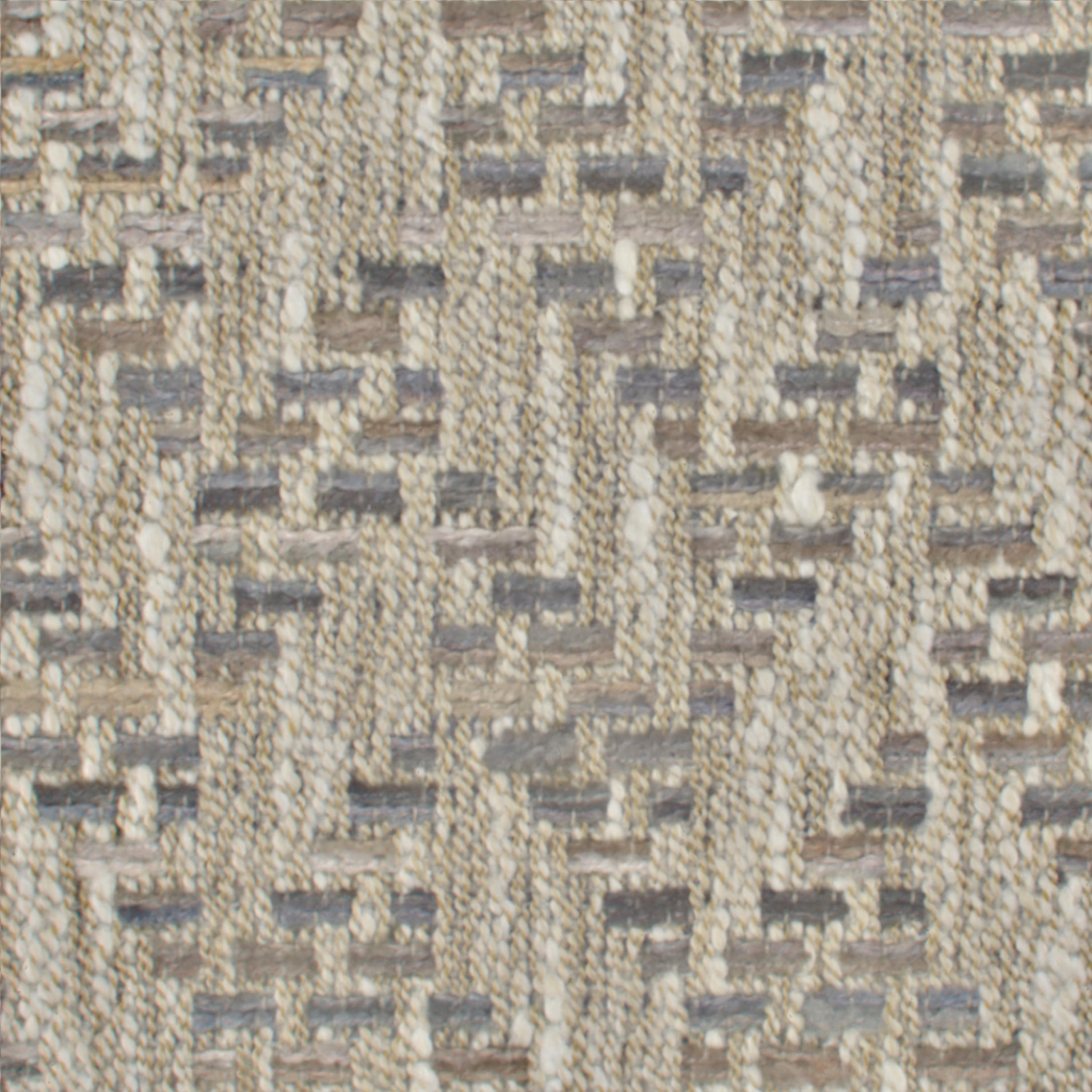 close-up of beige and grey woven basket weave fabric with textured yarns