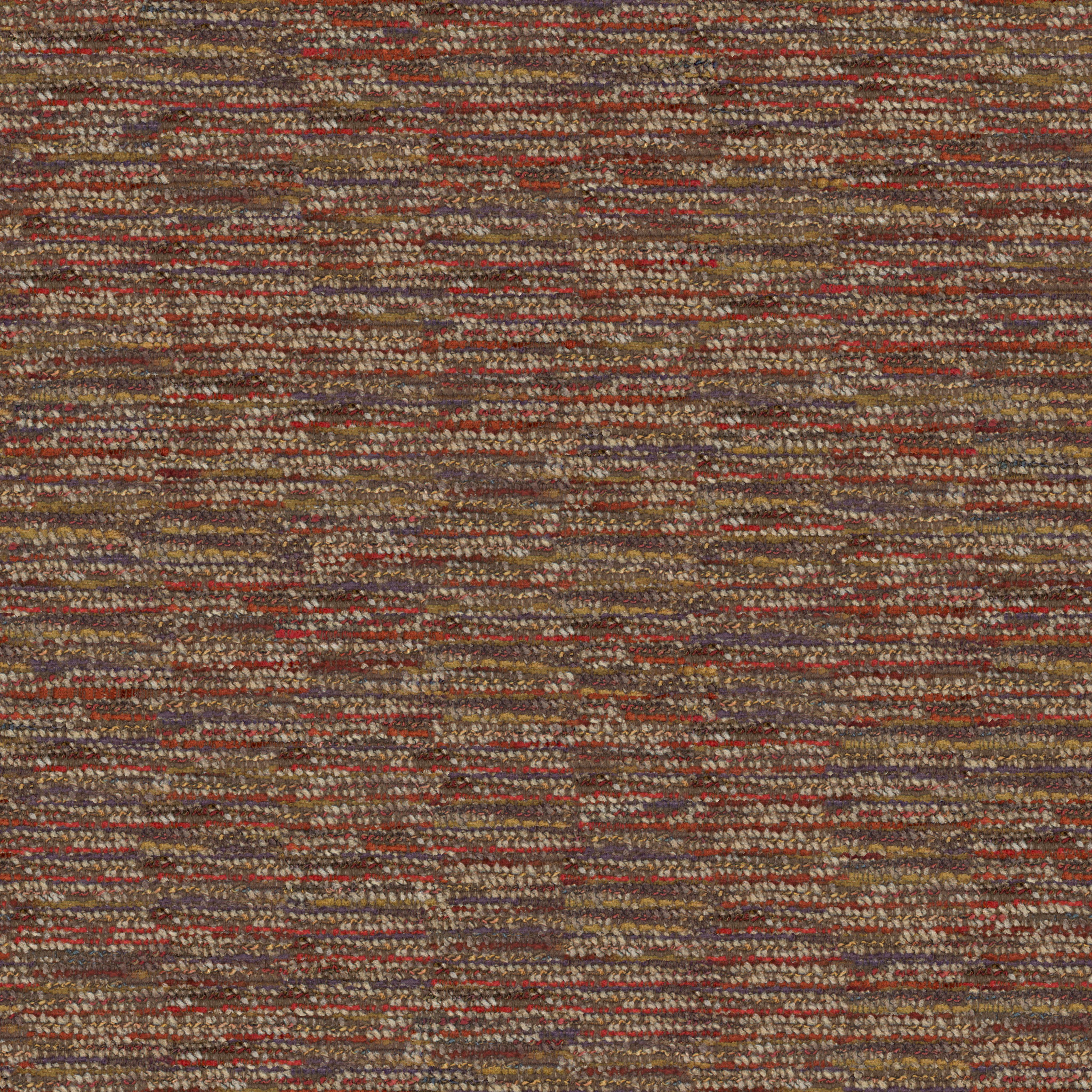 close-up of a dense loop pile carpet with mixed brown, red, and purple yarns for flooring