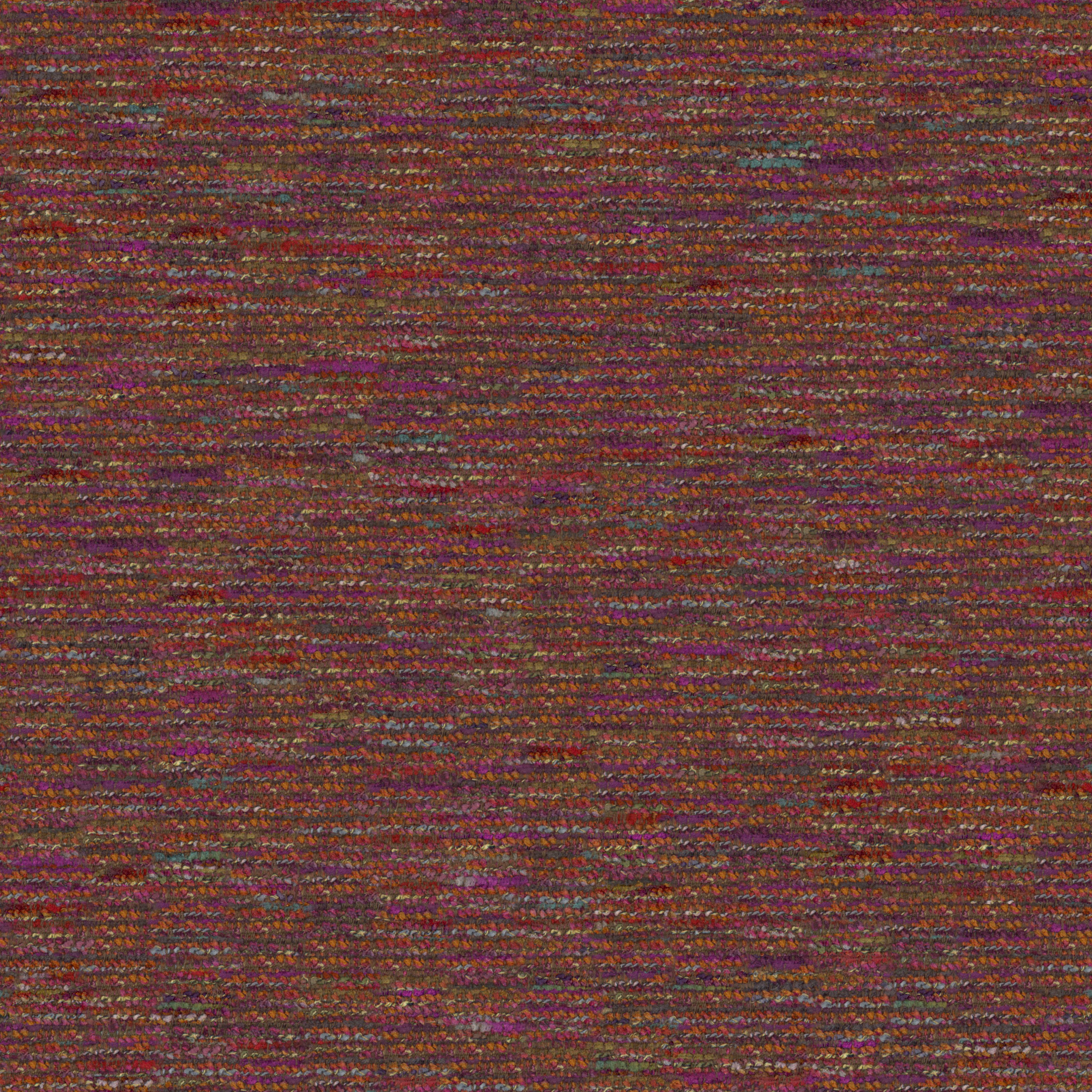 dense multicolour wool upholstery fabric with red, purple and orange hues in a woven texture
