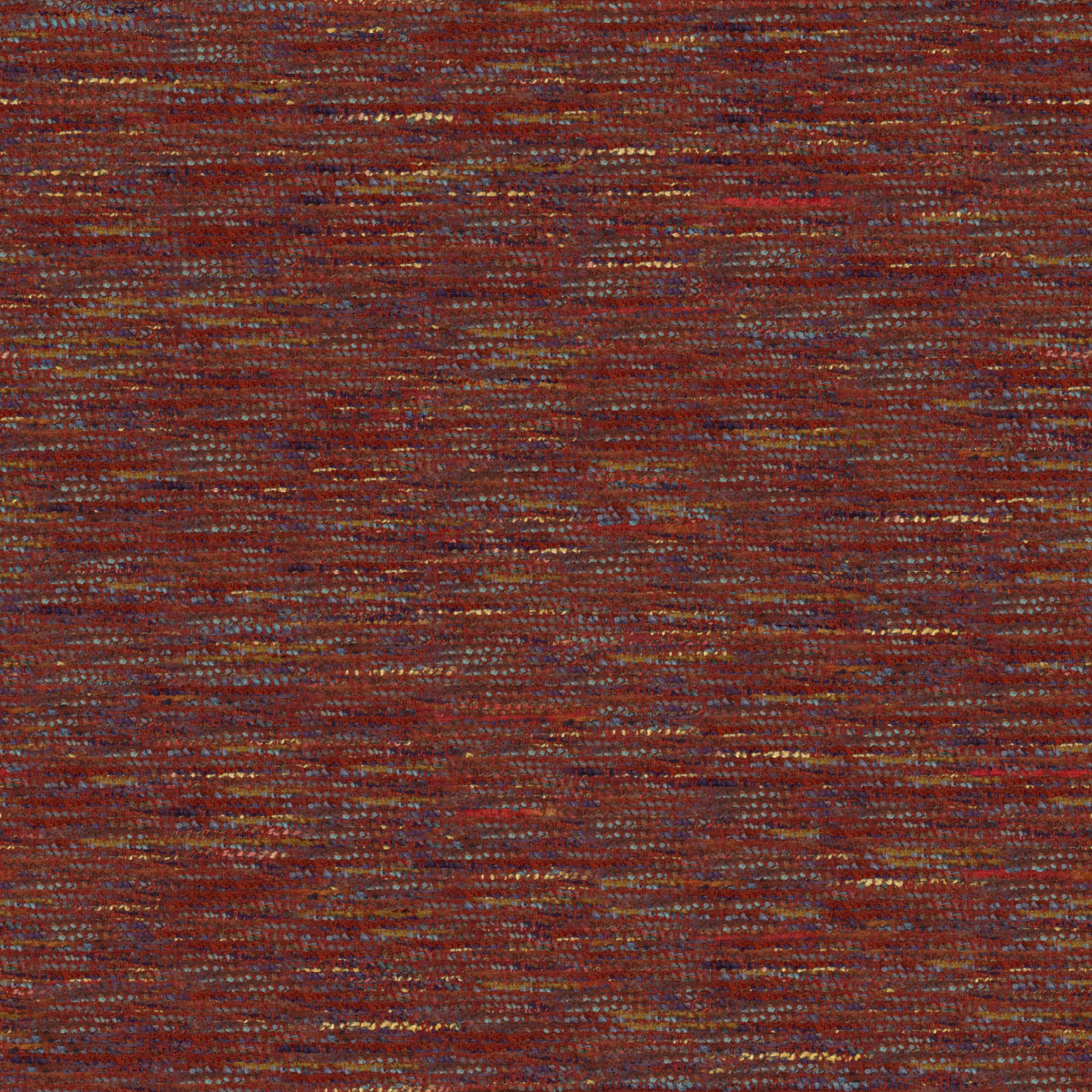 dense woven upholstery fabric with dominant red and multicolor threads in a tight weave pattern