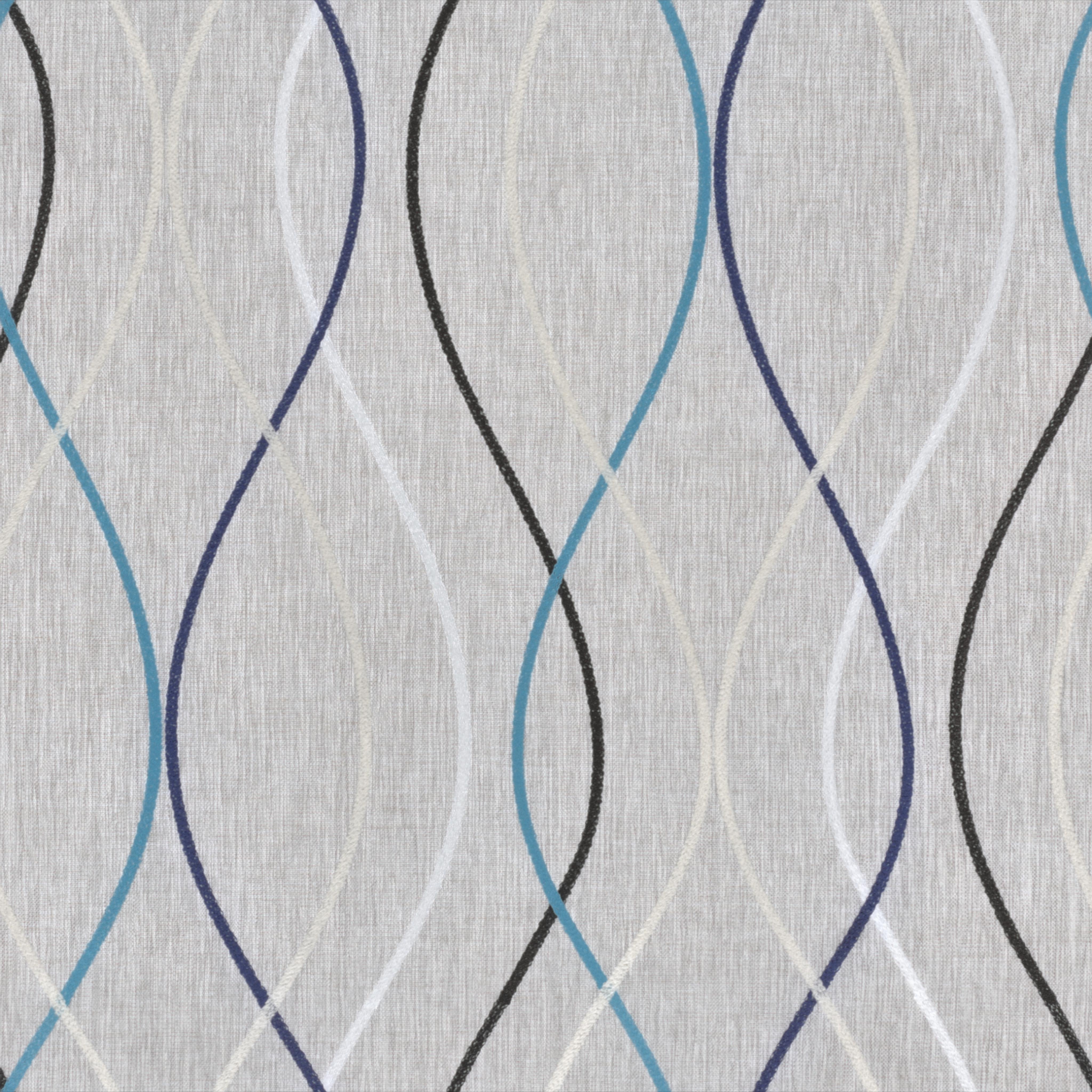 Beige woven fabric with seamless repeating curved stripes in yellow, orange, brown, and red earth tones for upholstery or cur