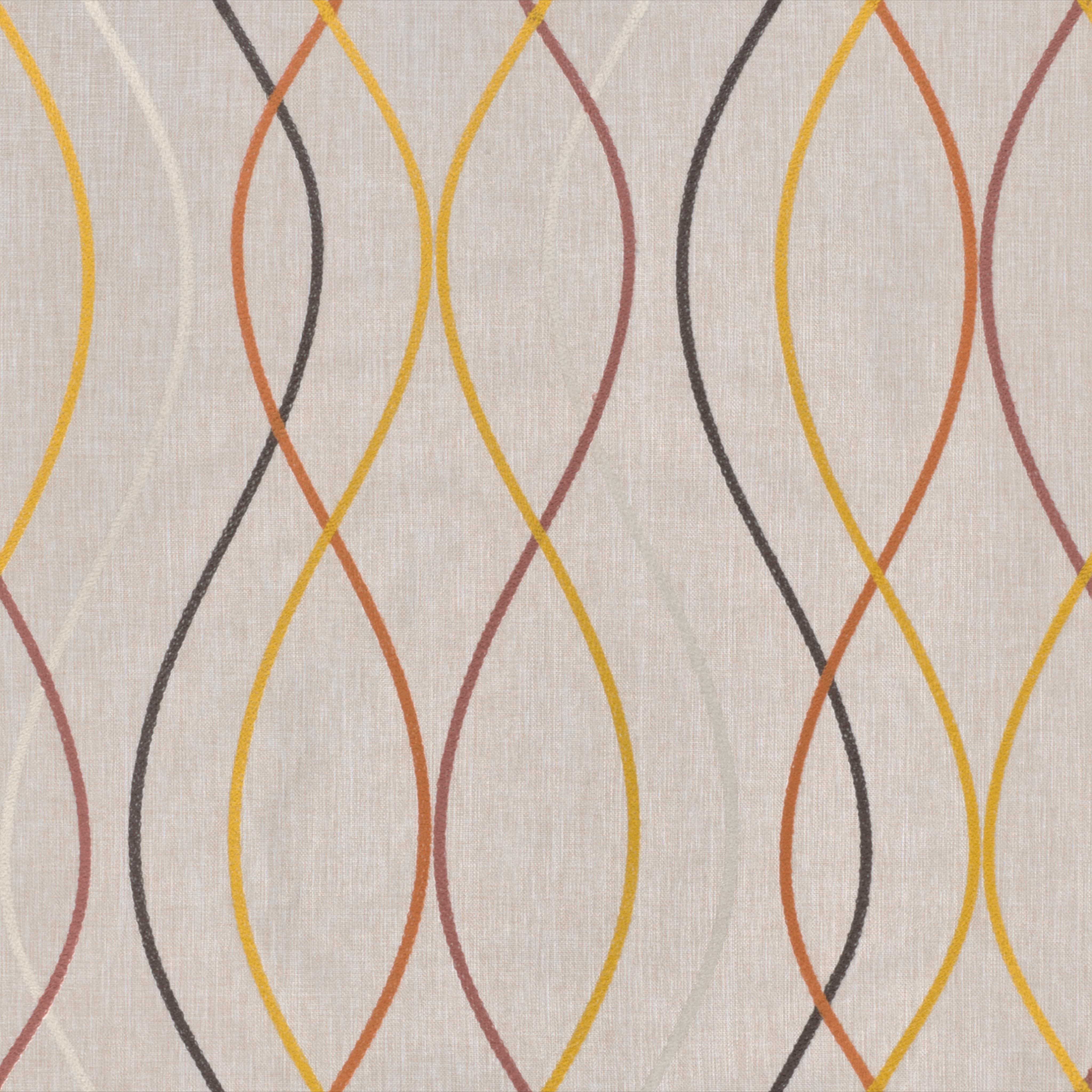 beige woven upholstery fabric with multicolored curved line pattern in yellow, orange, brown and cream