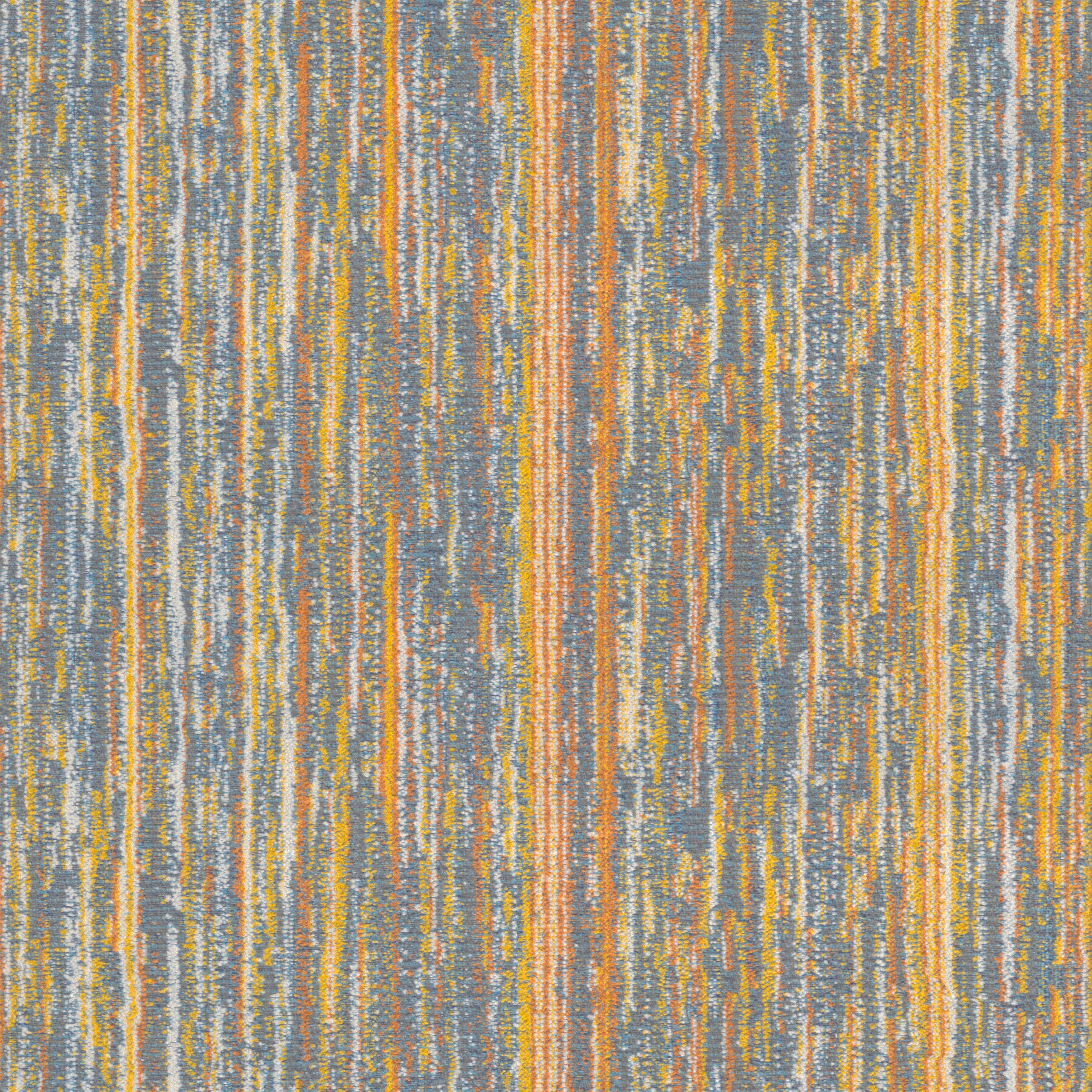 woven upholstery fabric with vertical stripes in blue, orange, yellow and white colors