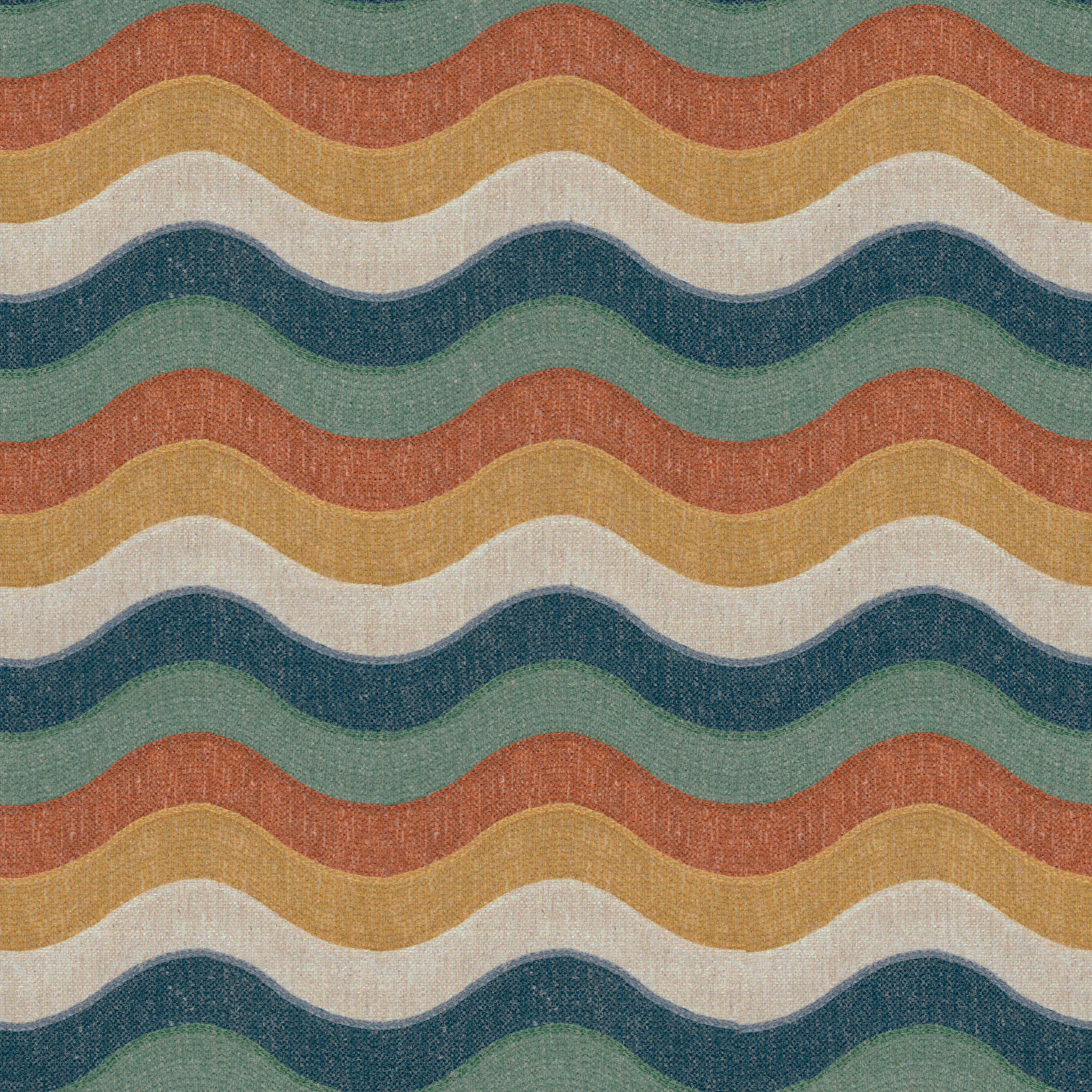 coarse woven upholstery fabric with repeating multicolor wavy stripes in earth tones