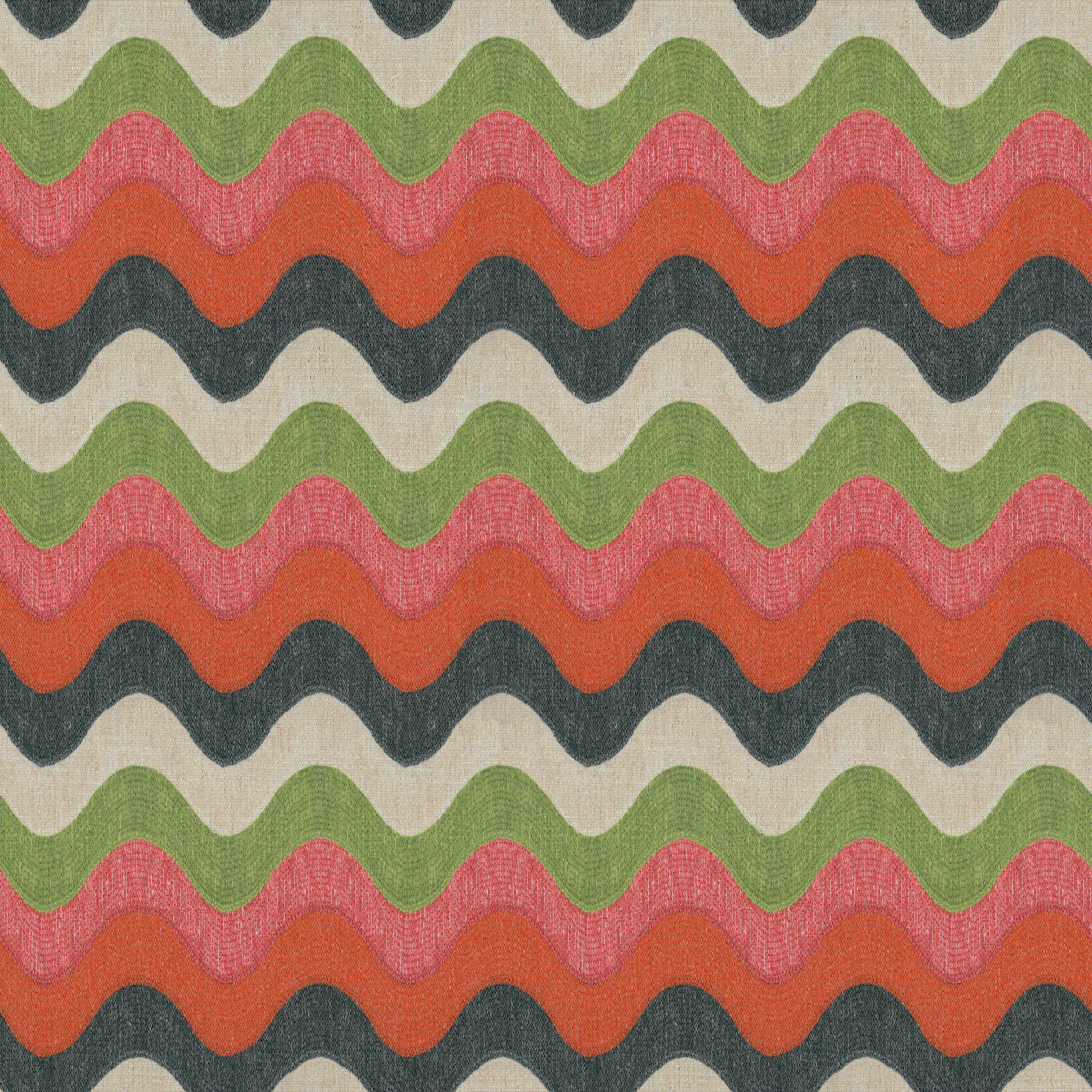 woven upholstery fabric with repeating wavy stripes in green, red, pink, black, and beige