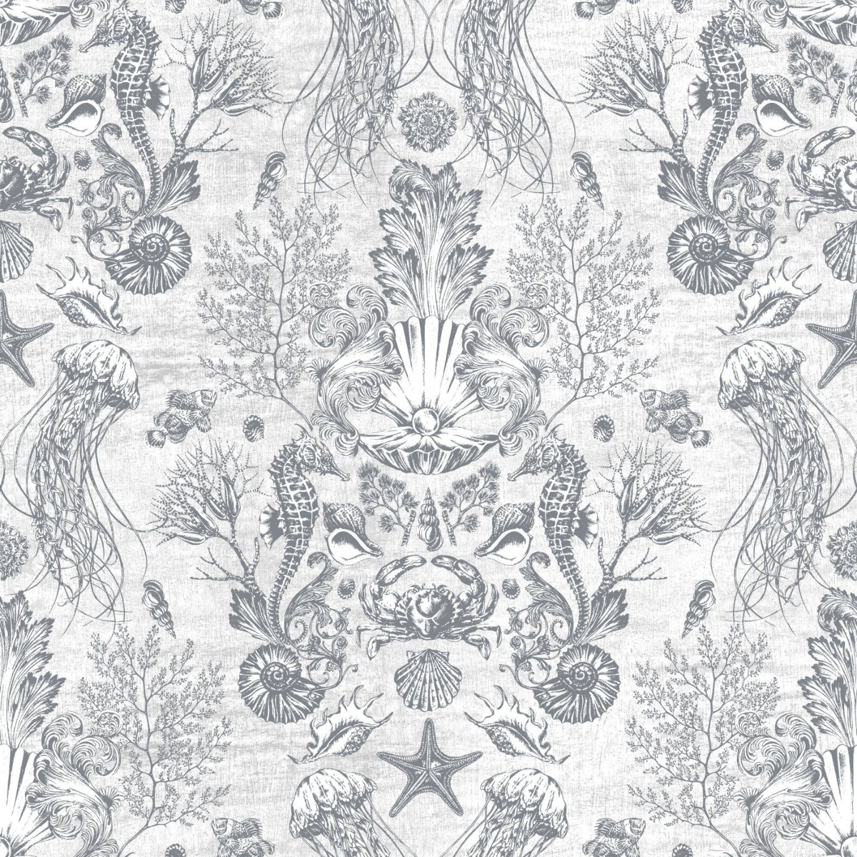 Gray damask wallpaper with ocean motifs, intricate pattern suitable for interior walls.