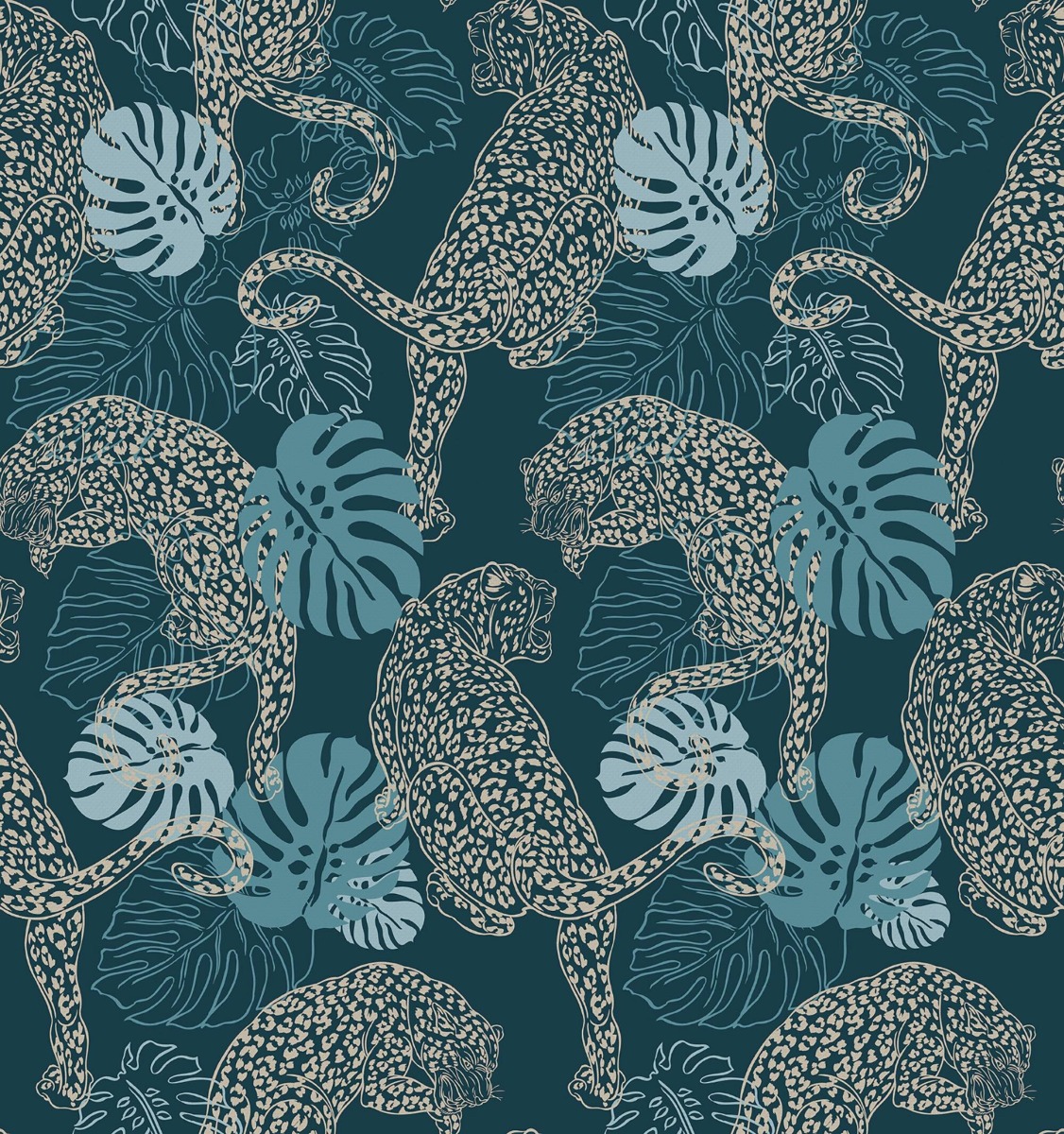 Patterned wallpaper with beige leopards and blue tropical leaves on dark teal background