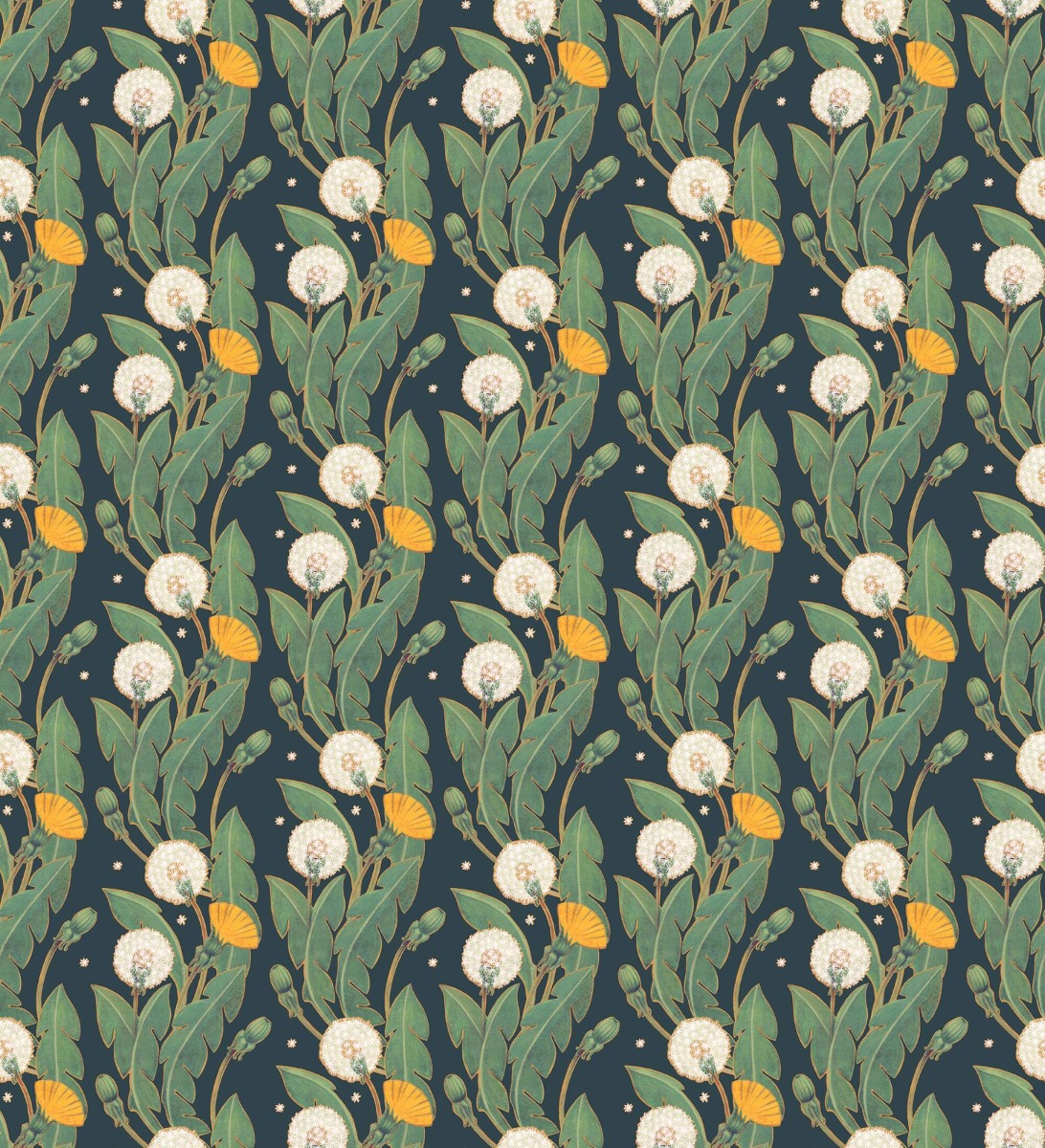 Seamless wallpaper with a floral pattern of white seed heads and yellow flowers on a dark background, suitable for decorative